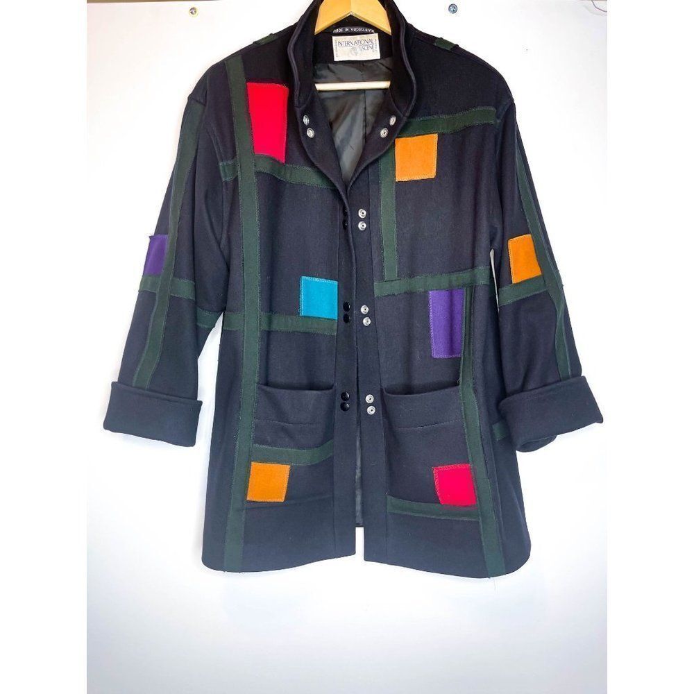 Vintage Retro Black Wool Colorblock Coatβ Funky